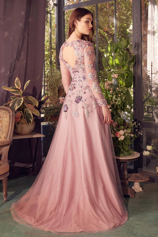 A-line round neck long sleeved dress with back hollowed out embroidery
