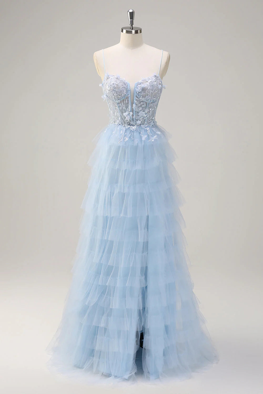 A-line sequined layered tight corset long ball dress with sheer slit