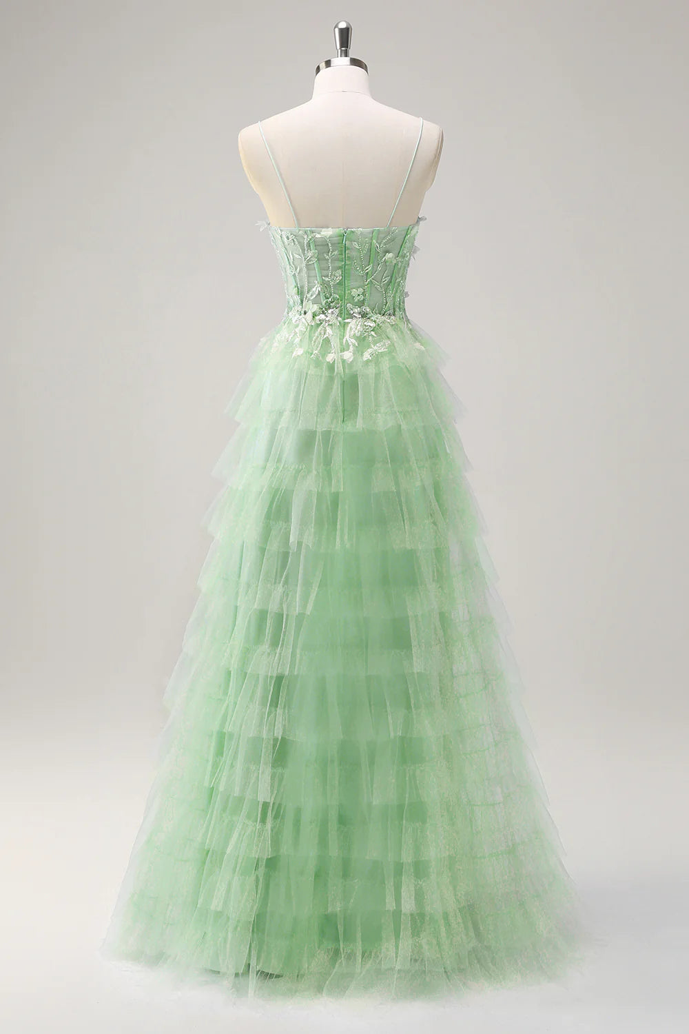 A-line sequined layered tight corset long ball dress with sheer slit