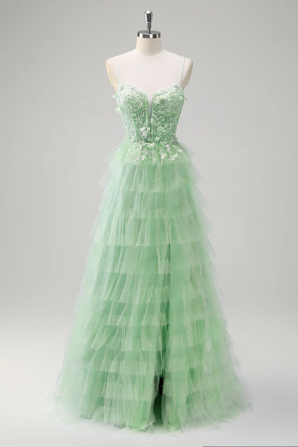 A-line sequined layered tight corset long ball dress with sheer slit