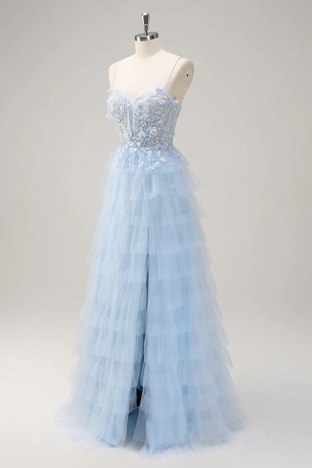A-line sequined layered tight corset long ball dress with sheer slit