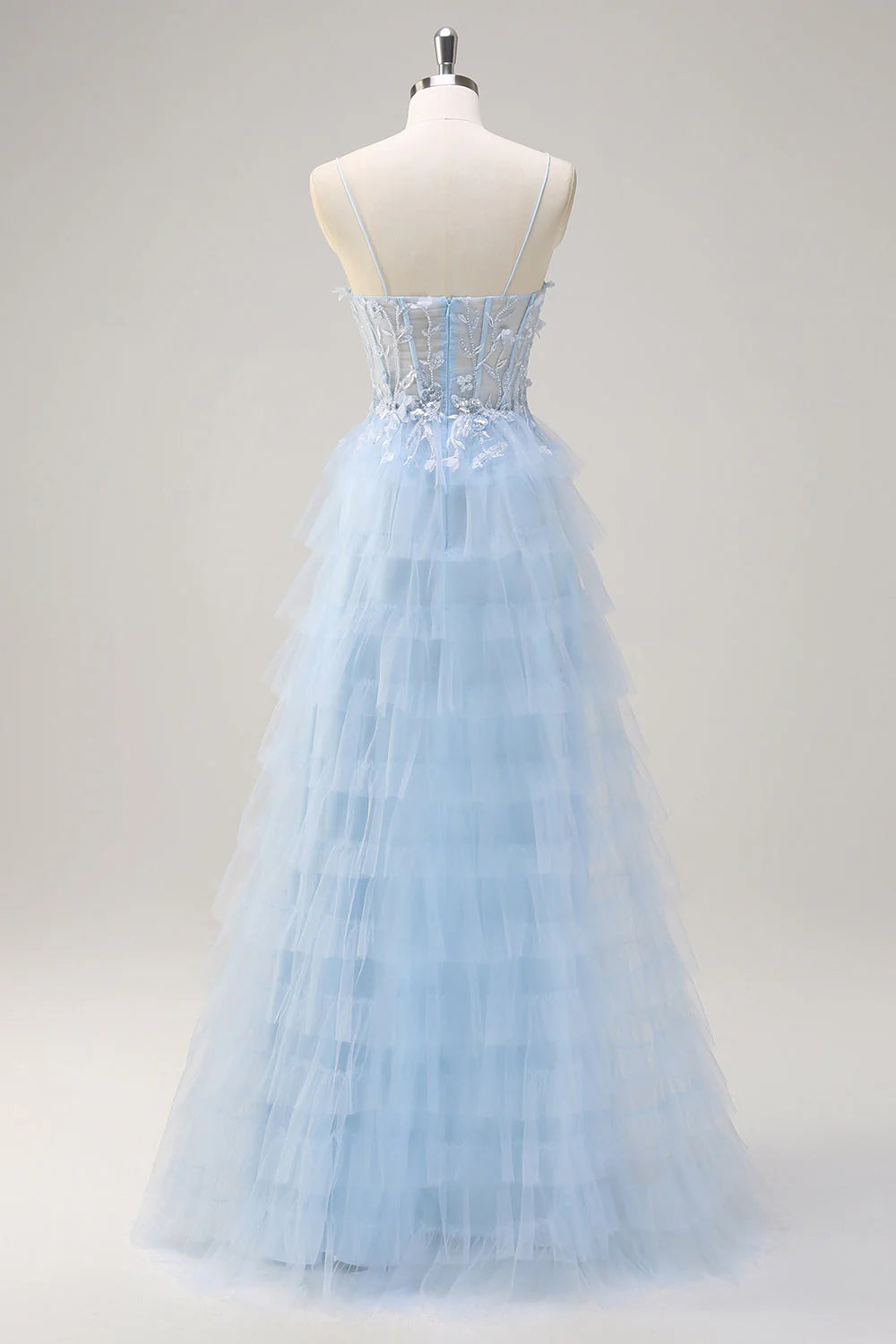 A-line sequined layered tight corset long ball dress with sheer slit