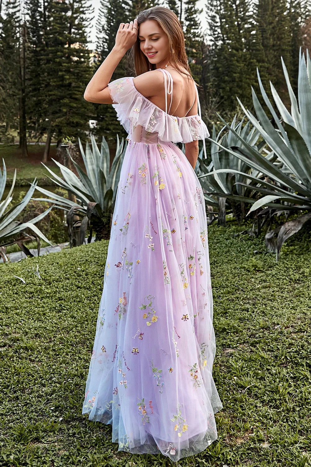 A-line shoulder V-neck long embroidered ball skirt with side slit