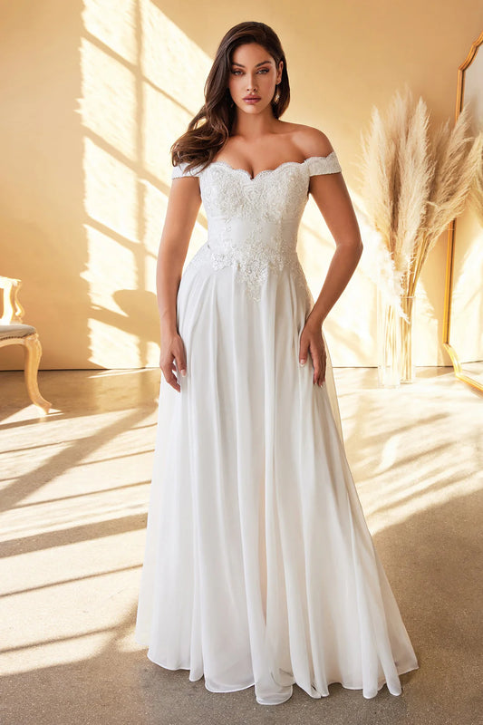 A-line shoulder cinched lace dress and floor length skirt