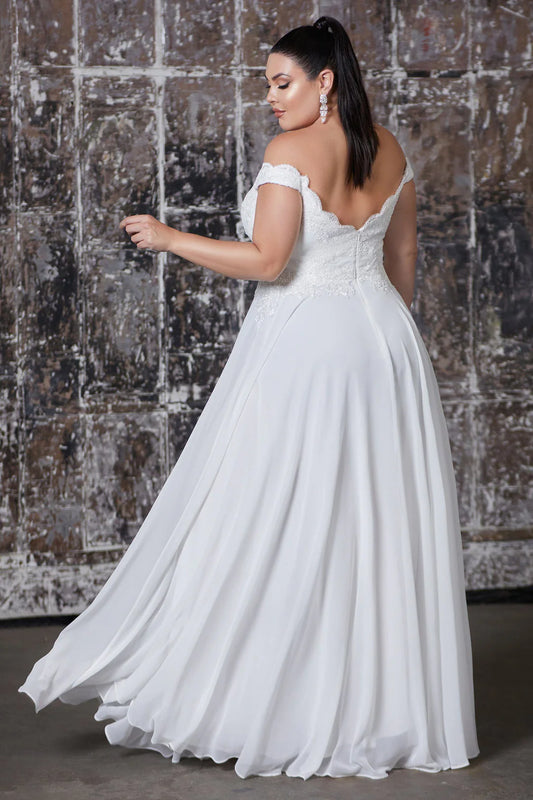 A-line shoulder cinched lace dress and floor length skirt