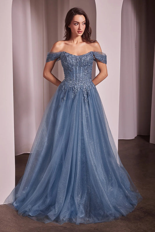 A-line shoulder strapless dress with lace decals