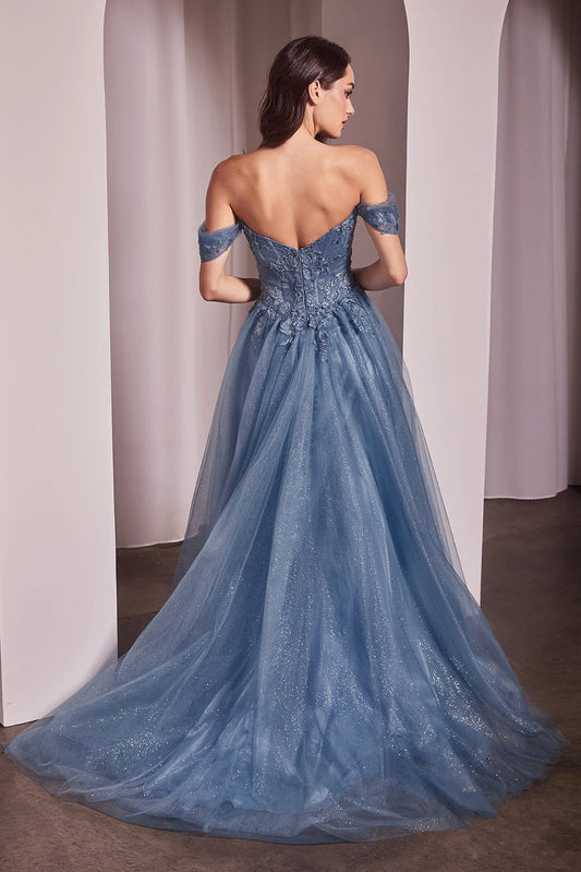 A-line shoulder strapless dress with lace decals
