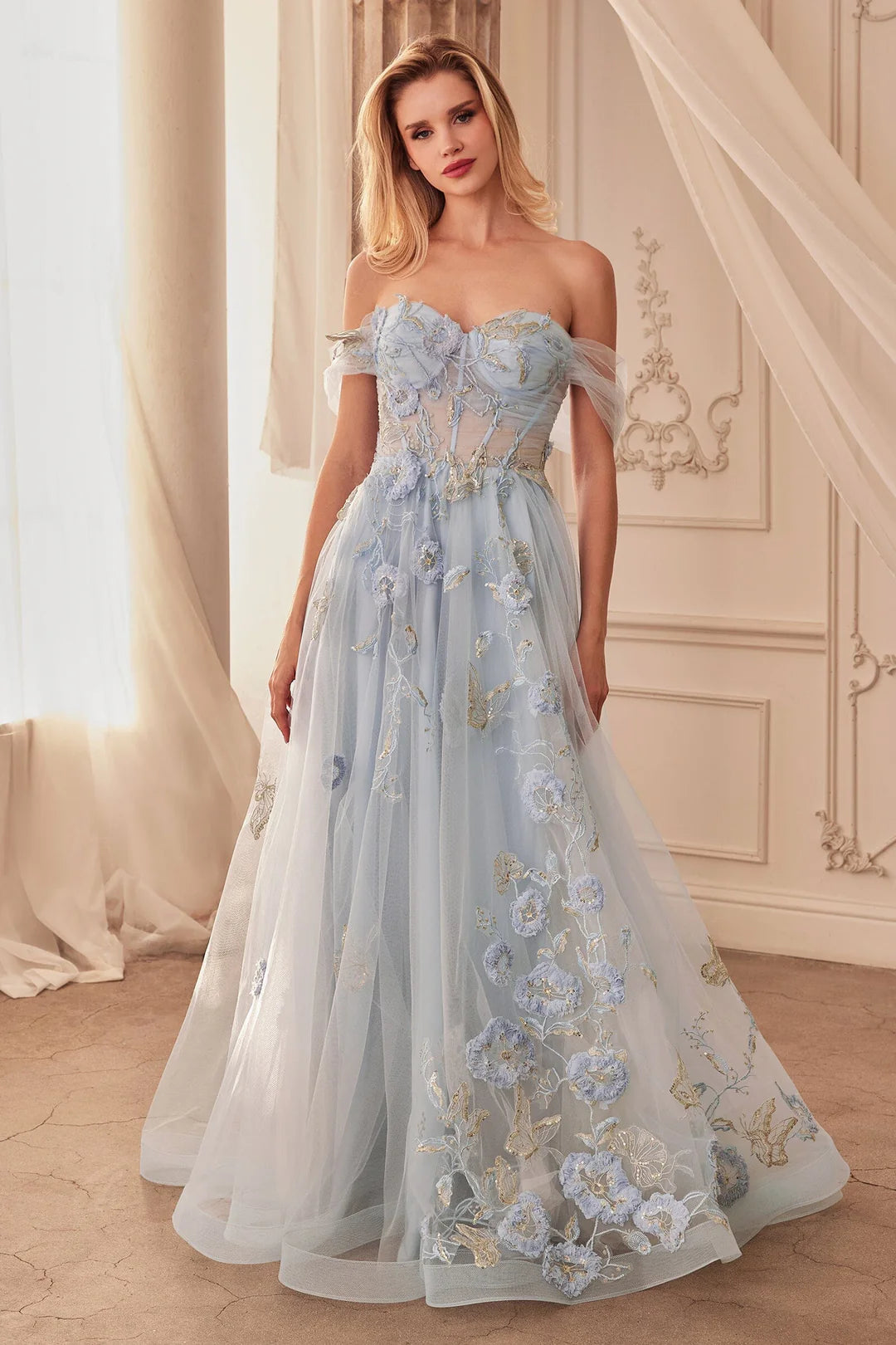 A-line shoulder transparent corset dress with embroidered flowers