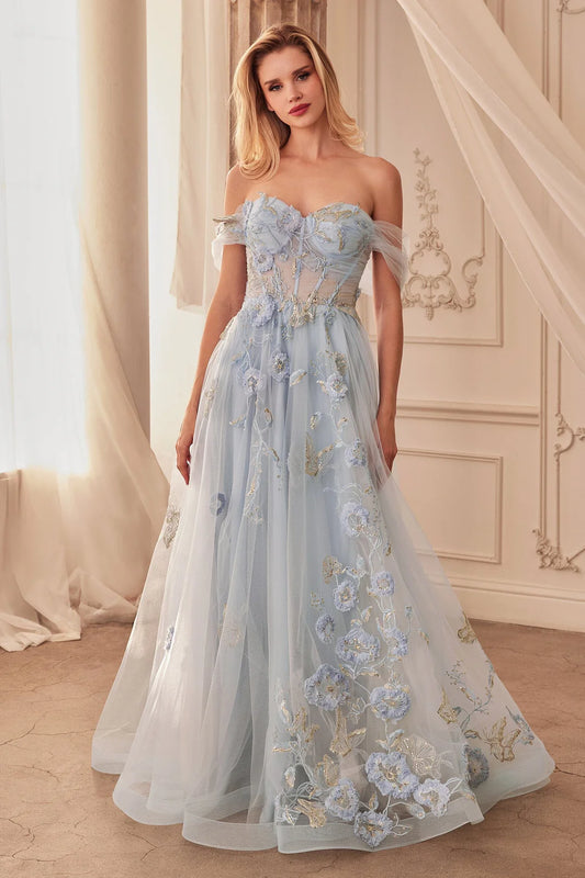 A-line shoulder transparent corset dress with embroidered flowers