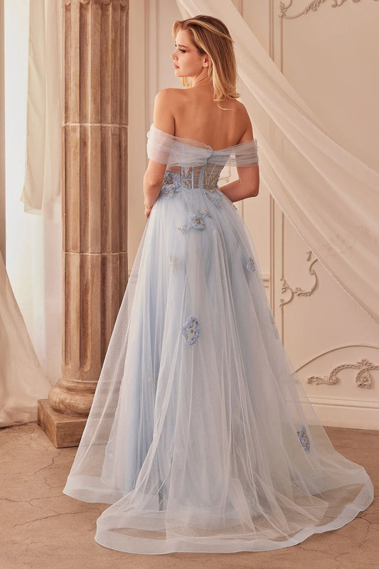 A-line shoulder transparent corset dress with embroidered flowers