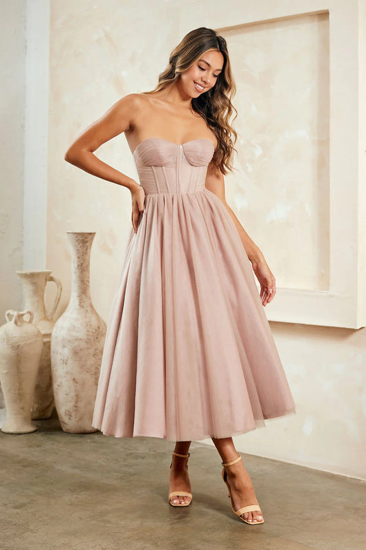 A-line sleeveless and strapless brown long skirt dress