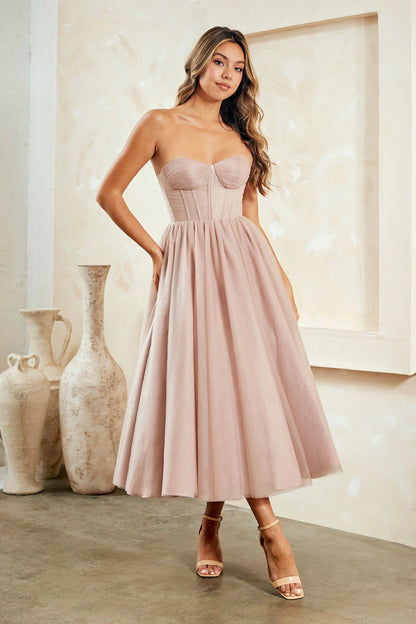 A-line sleeveless and strapless brown long skirt dress