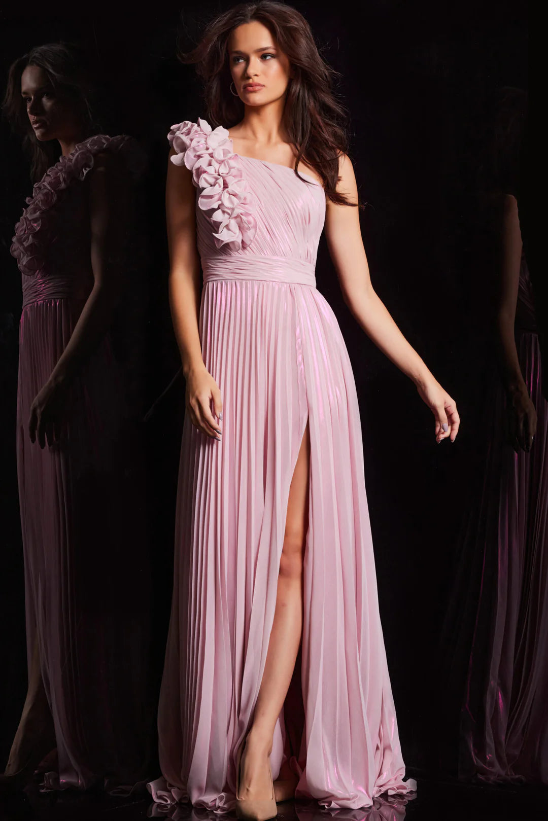 A-line sleeveless shoulder 3D three-dimensional flower dress with side slit