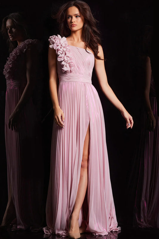 A-line sleeveless shoulder 3D three-dimensional flower dress with side slit