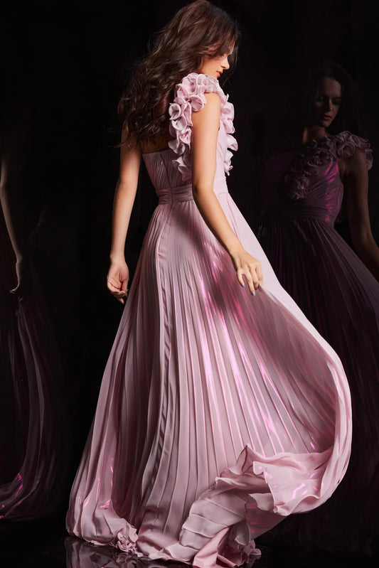A-line sleeveless shoulder 3D three-dimensional flower dress with side slit
