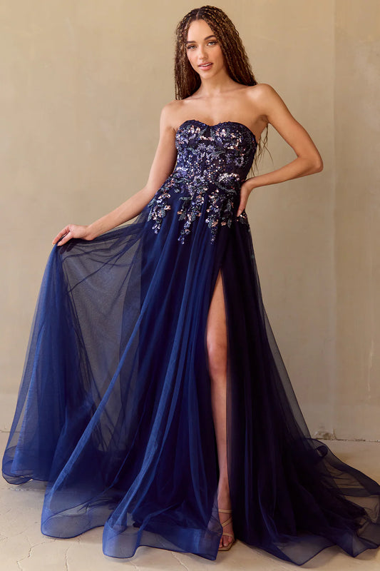 A-line sleeveless strapless and floor length skirt with sequin decals