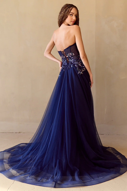 A-line sleeveless strapless and floor length skirt with sequin decals