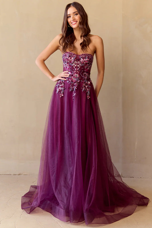 A-line sleeveless strapless and floor length skirt with sequin decals