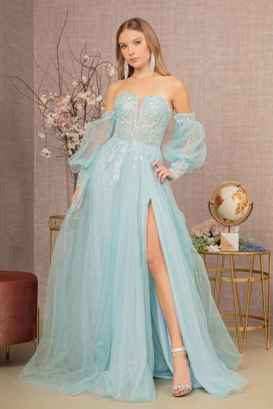 A-line sleeveless strapless dress with side slit bubble sleeves detachable