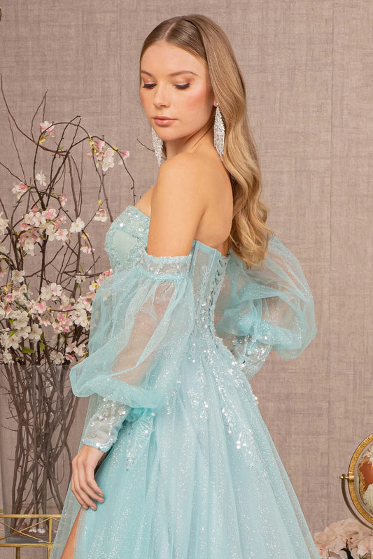 A-line sleeveless strapless dress with side slit bubble sleeves detachable