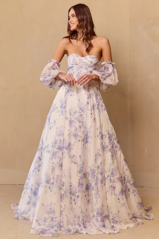 A-line sleeveless strapless floral skirt with bubble sleeves that are detachable