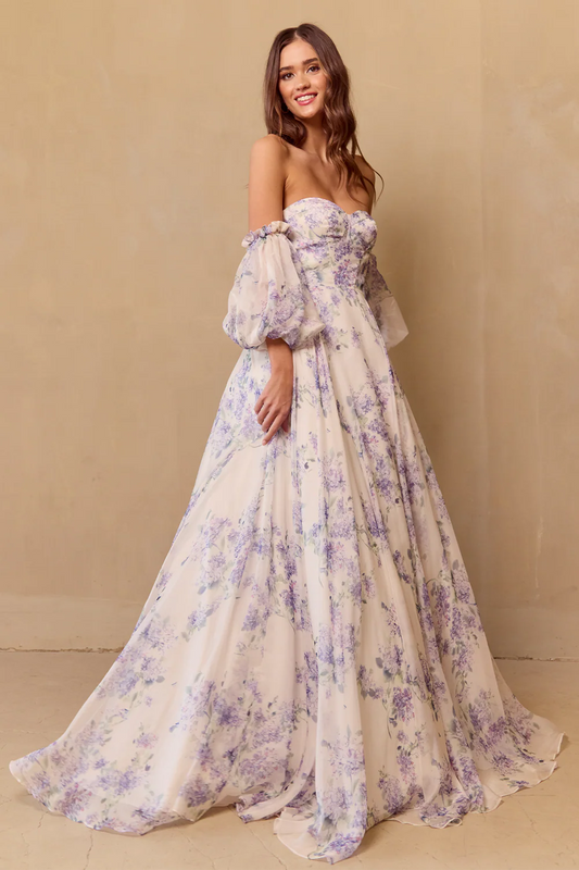 A-line sleeveless strapless floral skirt with bubble sleeves that are detachable