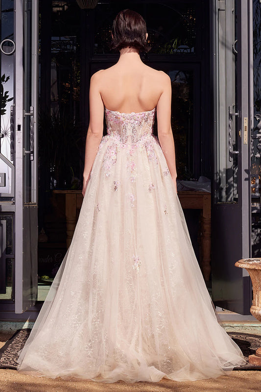 A-line sleeveless tight corset dress with side slit and sequin flower embroidery