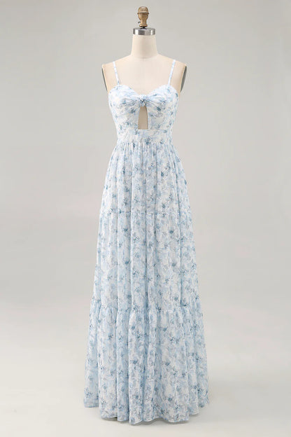 A-line spaghetti strap hollow flower floor mop dress