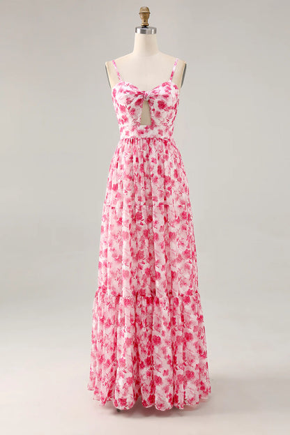 A-line spaghetti strap hollow flower floor mop dress