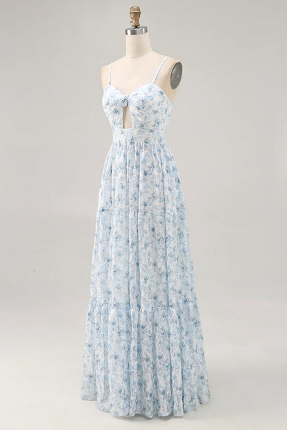 A-line spaghetti strap hollow flower floor mop dress