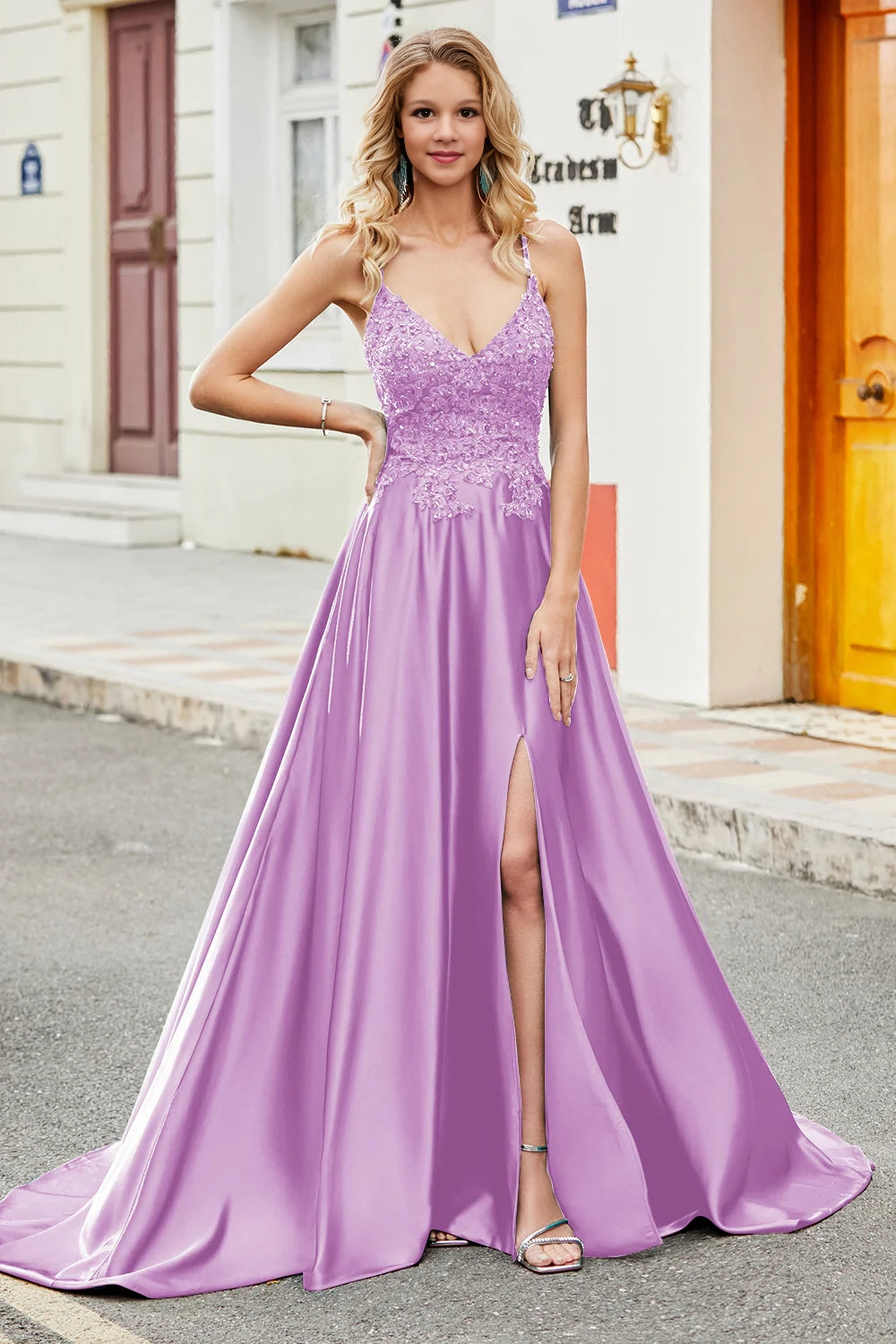 A-line spaghetti strap long backless applique ball dress