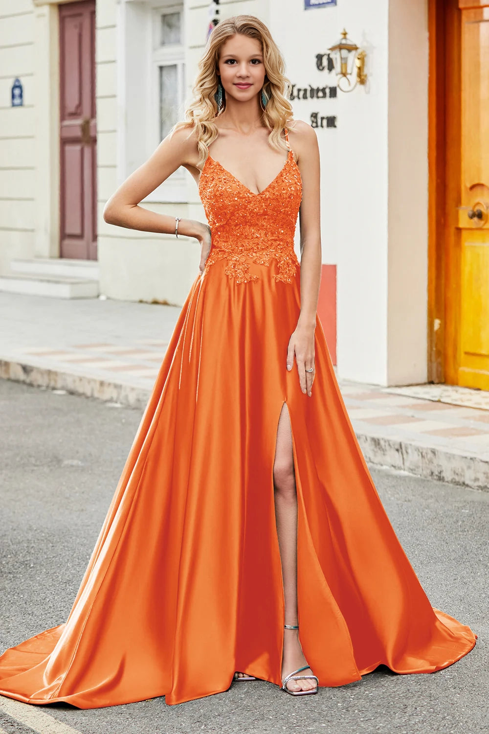 A-line spaghetti strap long backless applique ball dress