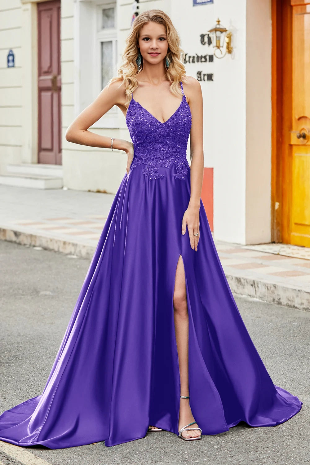 A-line spaghetti strap long backless applique ball dress
