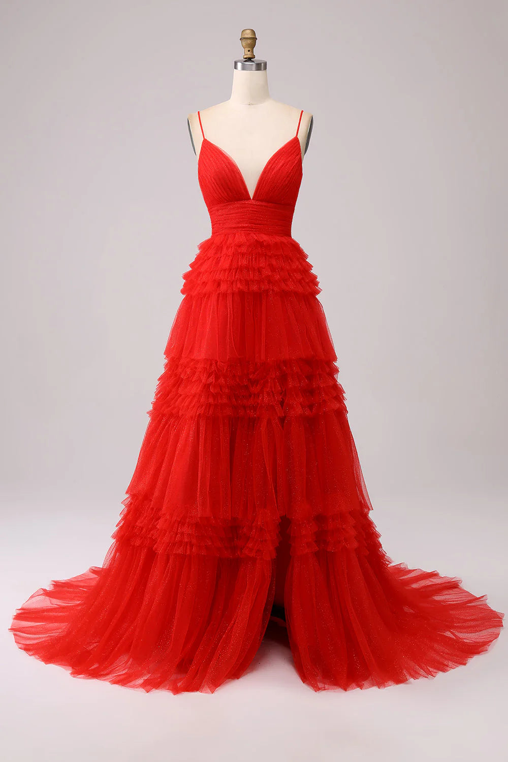 A-line spaghetti strap long chiffon ruffle edge ball skirt