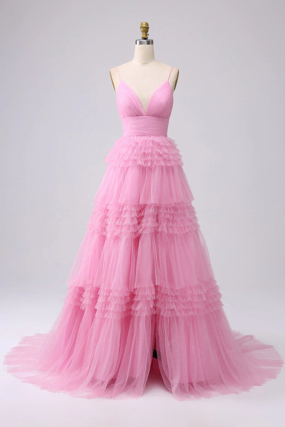 A-line spaghetti strap long chiffon ruffle edge ball skirt