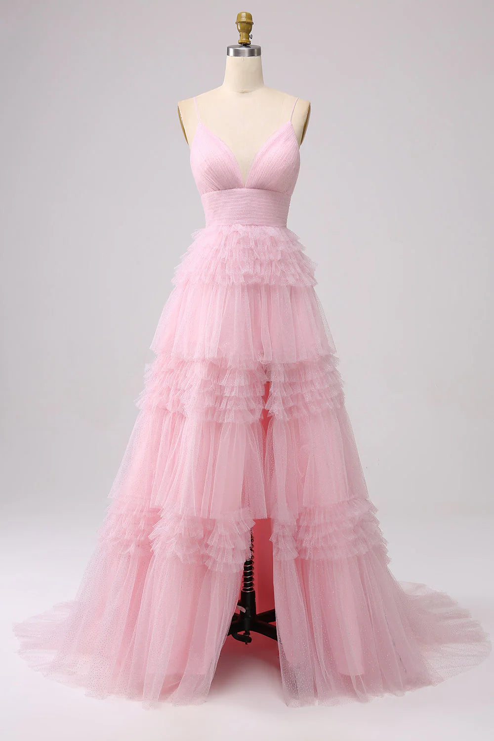 A-line spaghetti strap long chiffon ruffle edge ball skirt