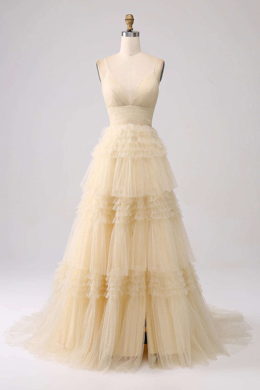 A-line spaghetti strap long chiffon ruffle edge ball skirt