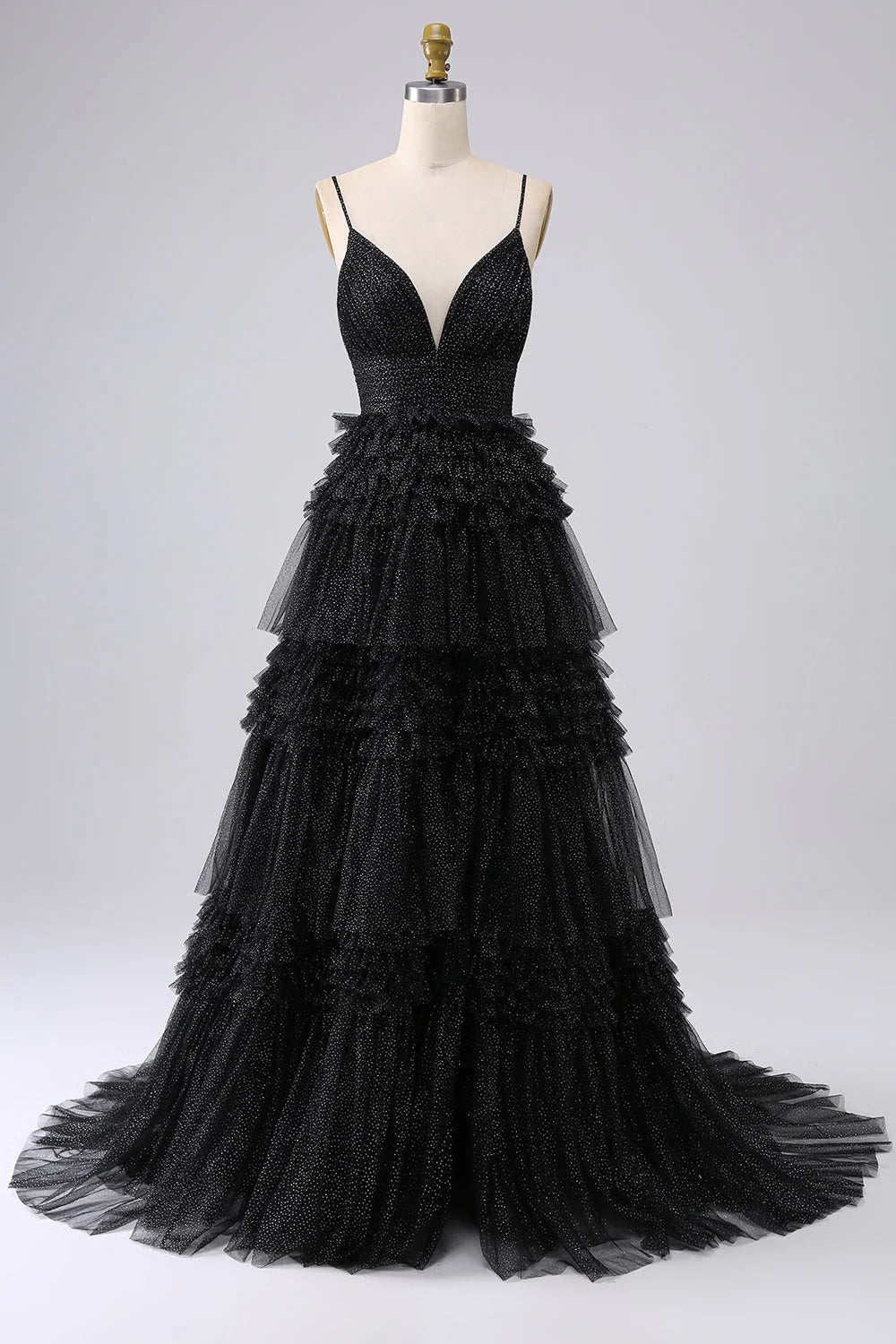A-line spaghetti strap long chiffon ruffle edge ball skirt