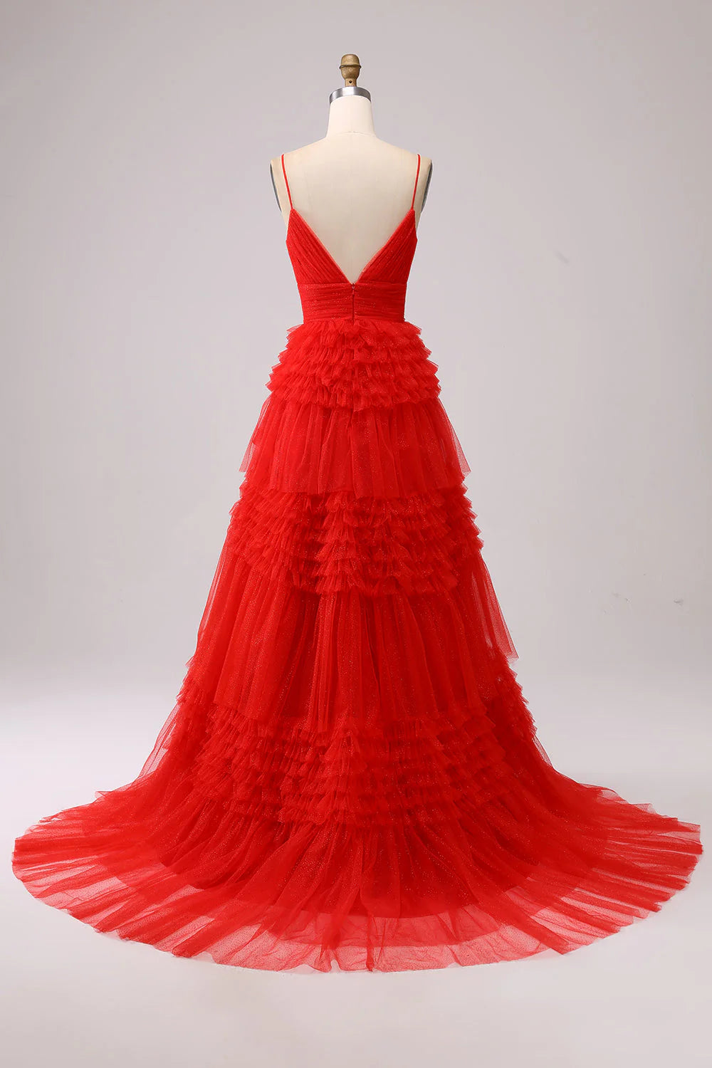 A-line spaghetti strap long chiffon ruffle edge ball skirt