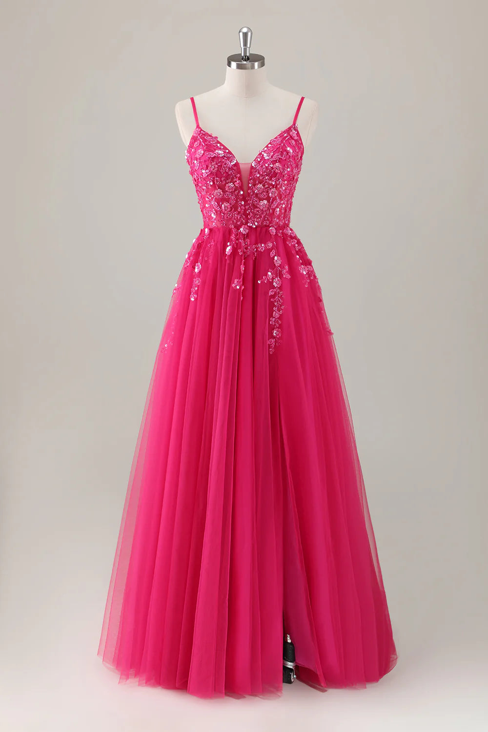 A-line spaghetti strap sequin decal long style with slit ball dress