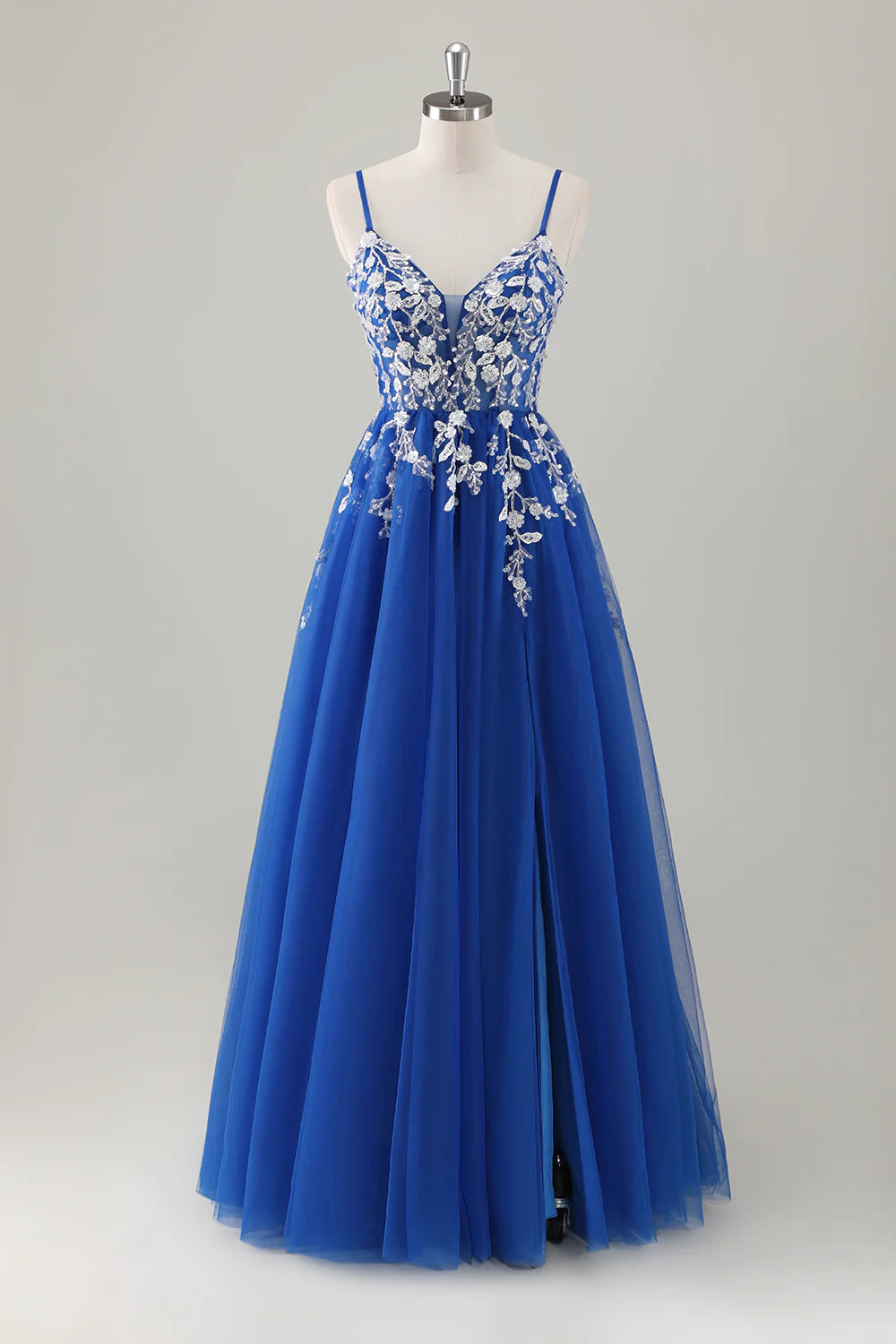 A-line spaghetti strap sequin decal long style with slit ball dress