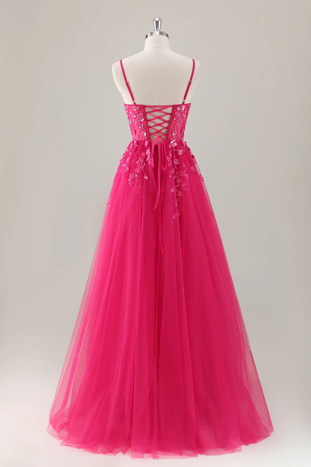 A-line spaghetti strap sequin decal long style with slit ball dress