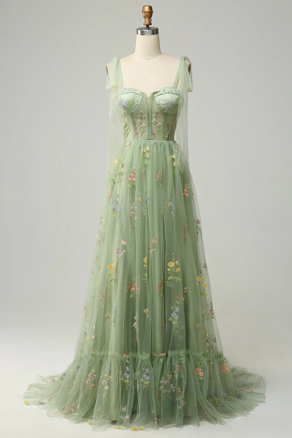 A-line spaghetti strap tight corset long embroidered ball dress