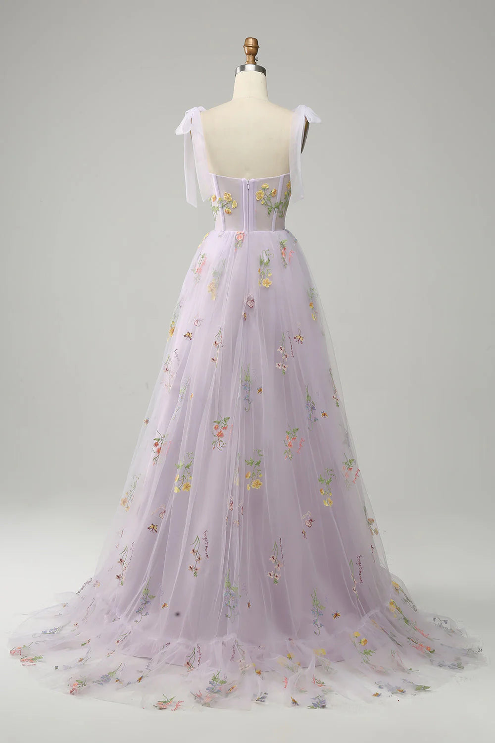 A-line spaghetti strap tight corset long embroidered ball dress