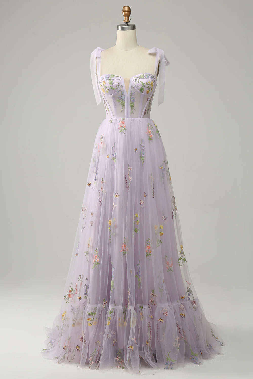 A-line spaghetti strap tight corset long embroidered ball dress