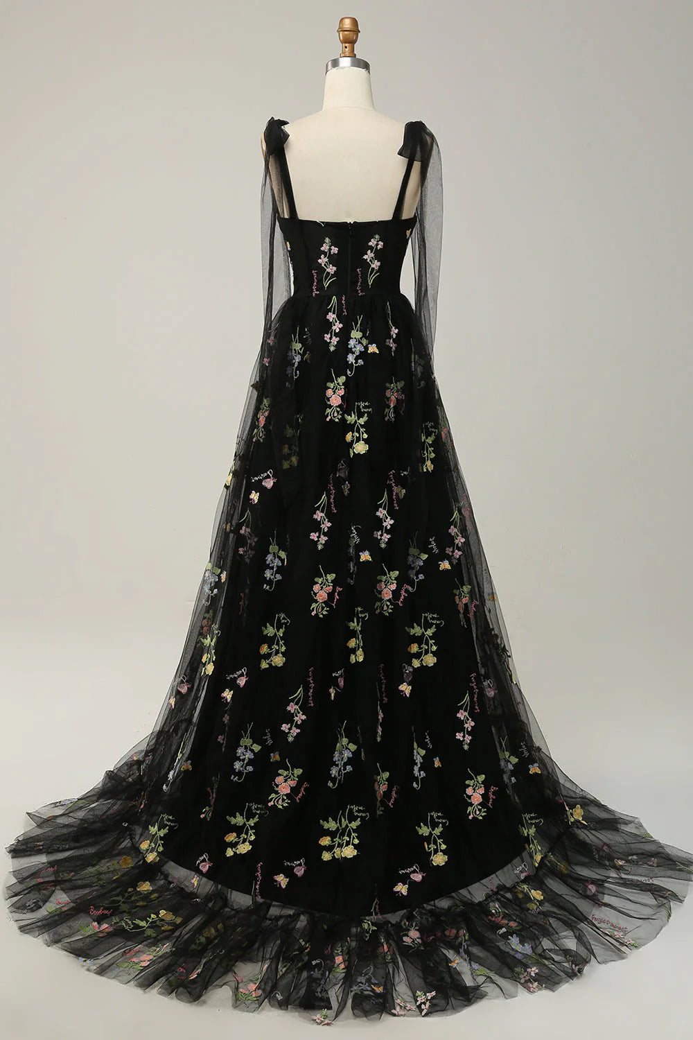A-line spaghetti strap tight corset long embroidered ball dress