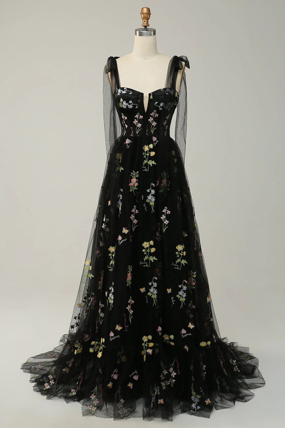 A-line spaghetti strap tight corset long embroidered ball dress