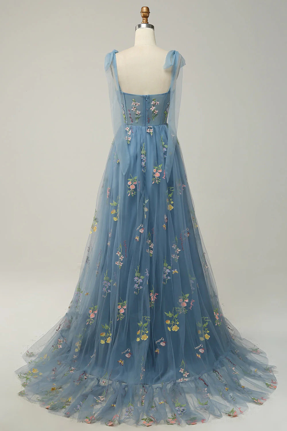 A-line spaghetti strap tight corset long embroidered ball dress