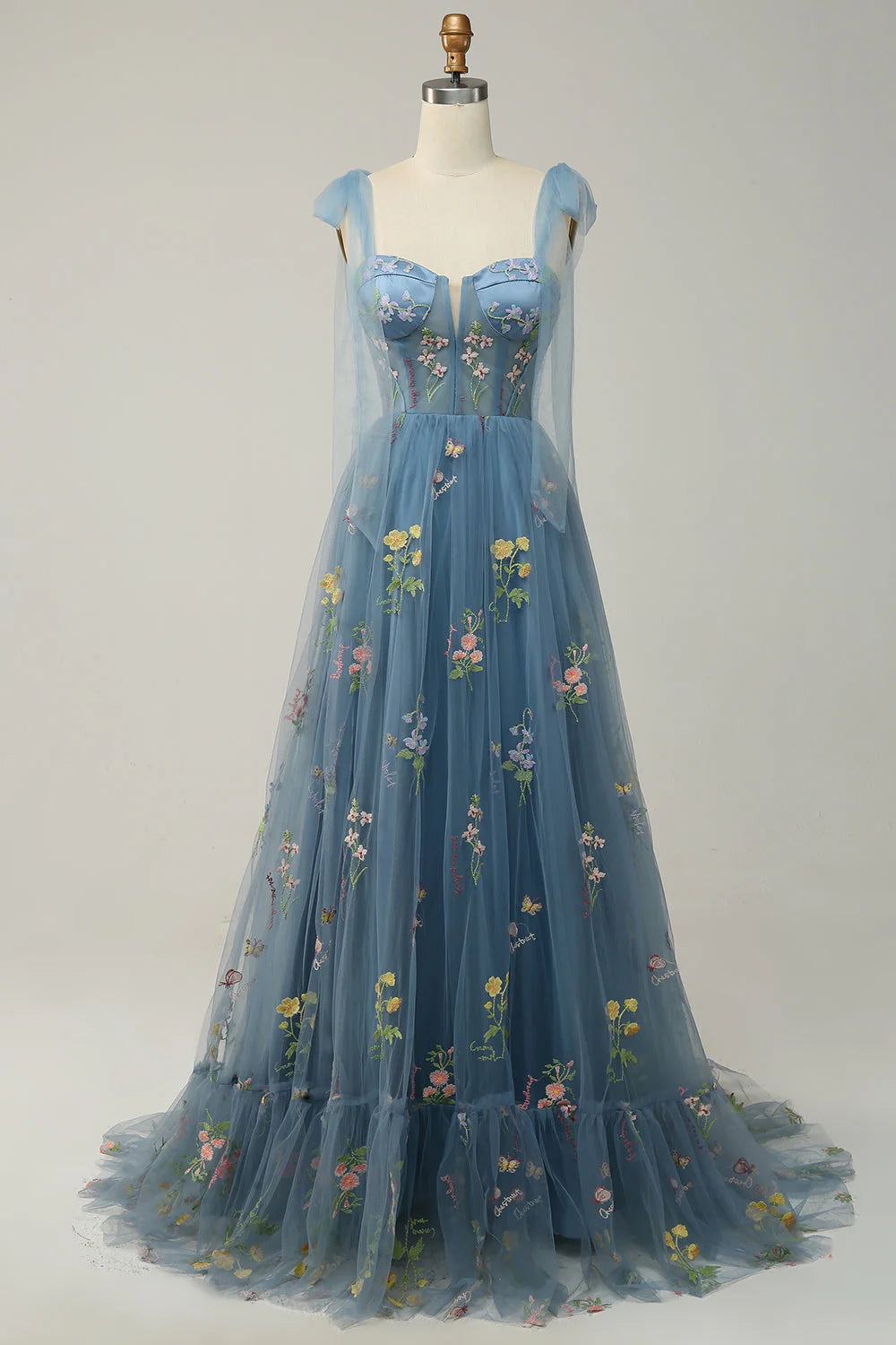 A-line spaghetti strap tight corset long embroidered ball dress