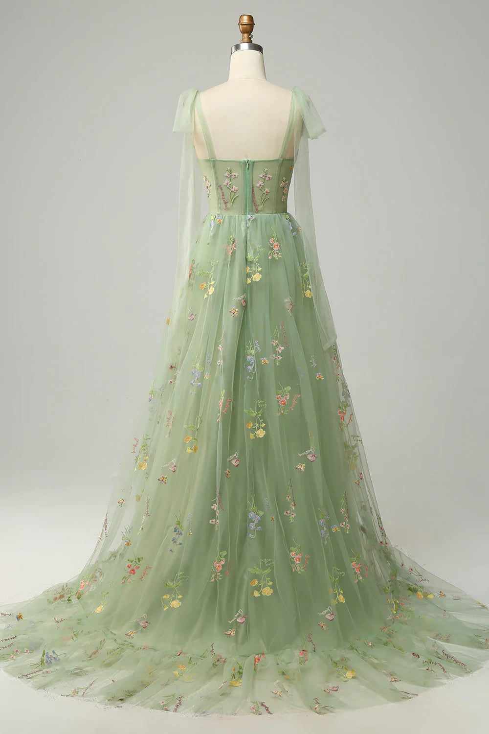 A-line spaghetti strap tight corset long embroidered ball dress
